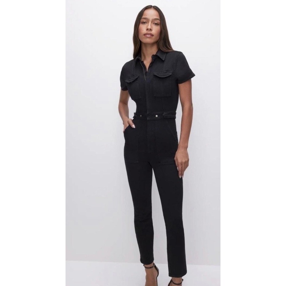 NWT Good American Fit For Success Short Sleeve Denim Utility Jumpsuit BLK Size L